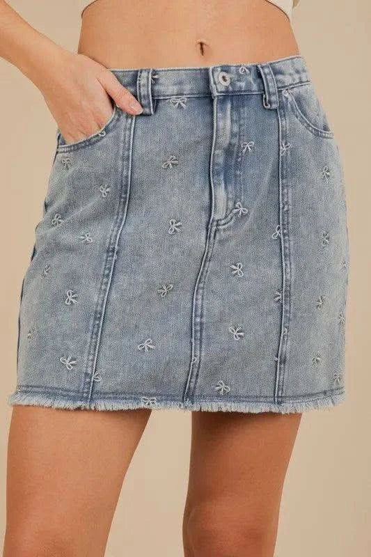 VERY J Bow Printed Casual Denim Mini Skirt - SwagglyLife Home & Fashion